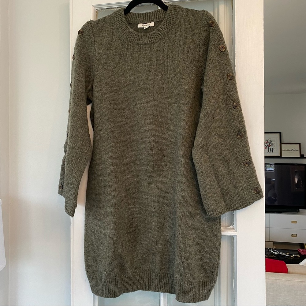 Madewell Sweater Dress with Wide Sleeves and Button Detail.